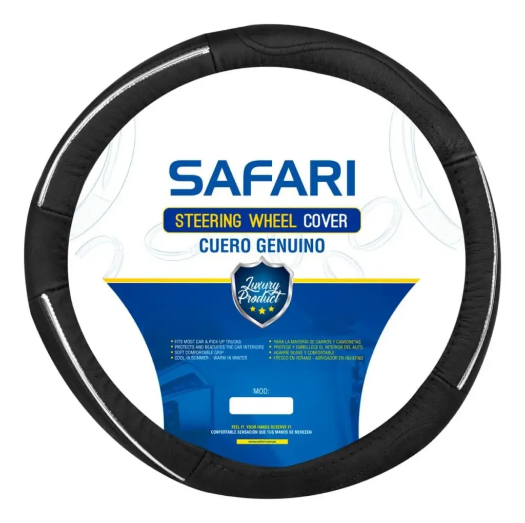 CUBRE VOLANTE CUERO NEGRO BÁSICO DETALLE SILVER 3 LÍNEAS SILVER – SFT-18013BK