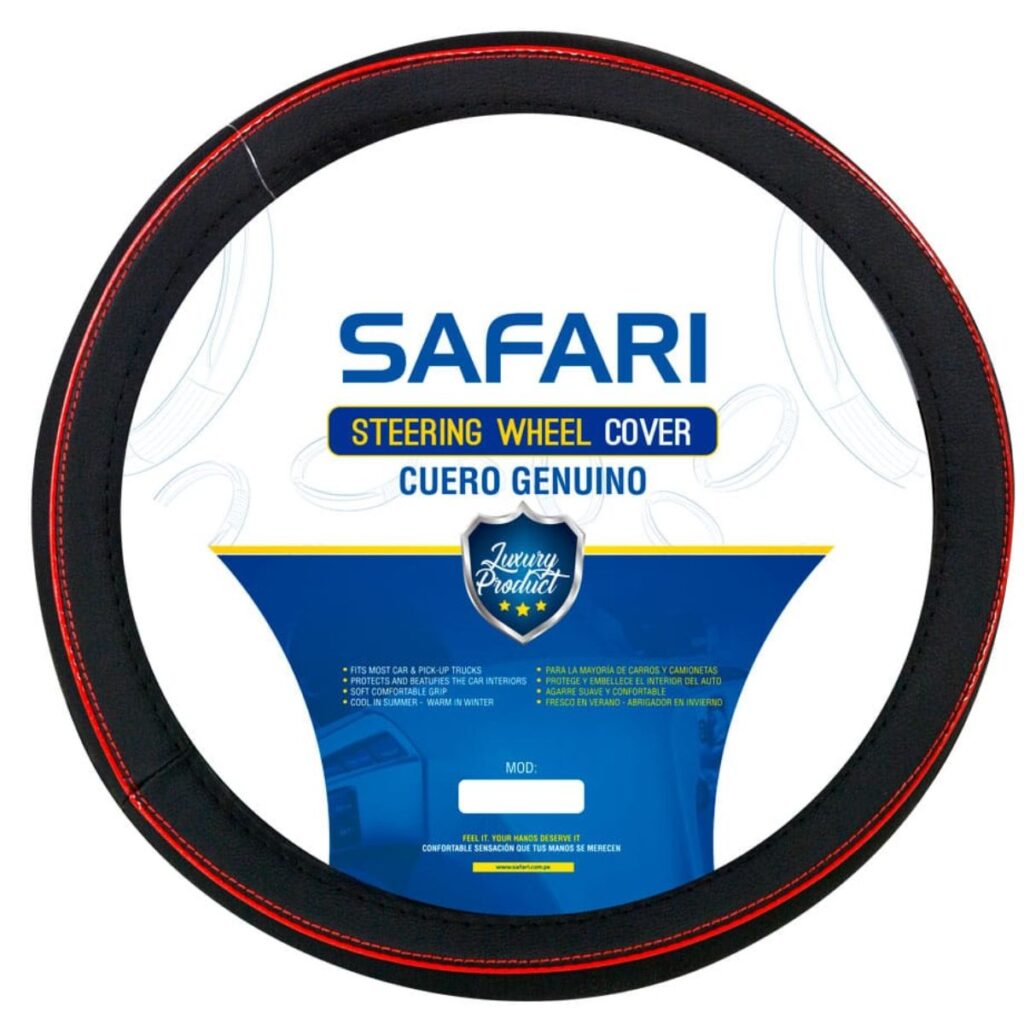 CUBRE VOLANTE SAFARI DE CUERO NEGRO DETALLE LÍNEA ROJA – SFT-18017BK