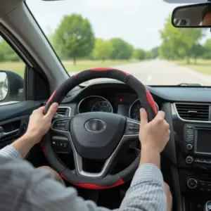 CUBRE VOLANTE CUERO NEGRO DETALLE ROJO - SFT-T1714RD