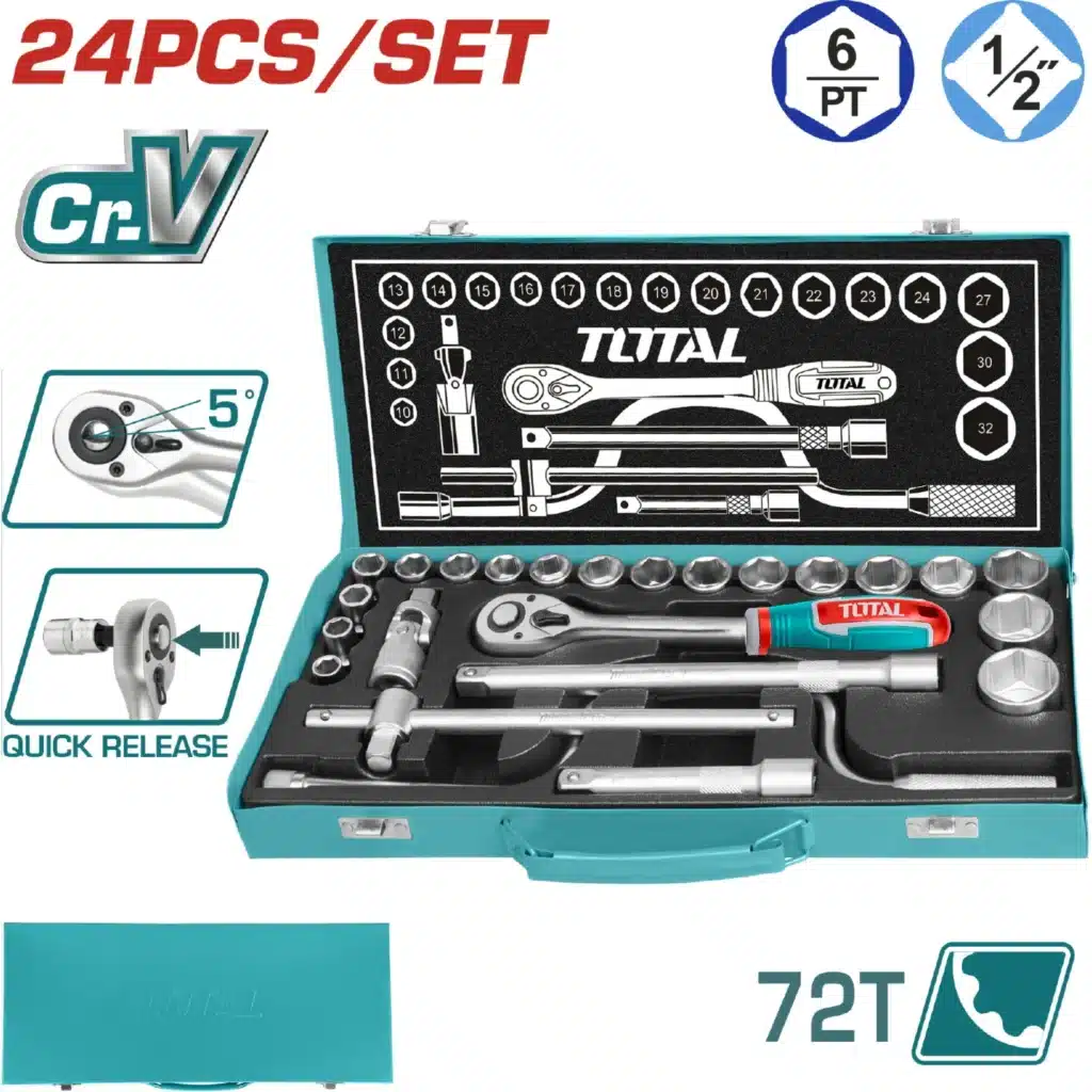 SET DE HERRAMIENTAS RACHET Y DADOS 1/2″ 24 PIEZAS EN MALETÍN  – THT141253