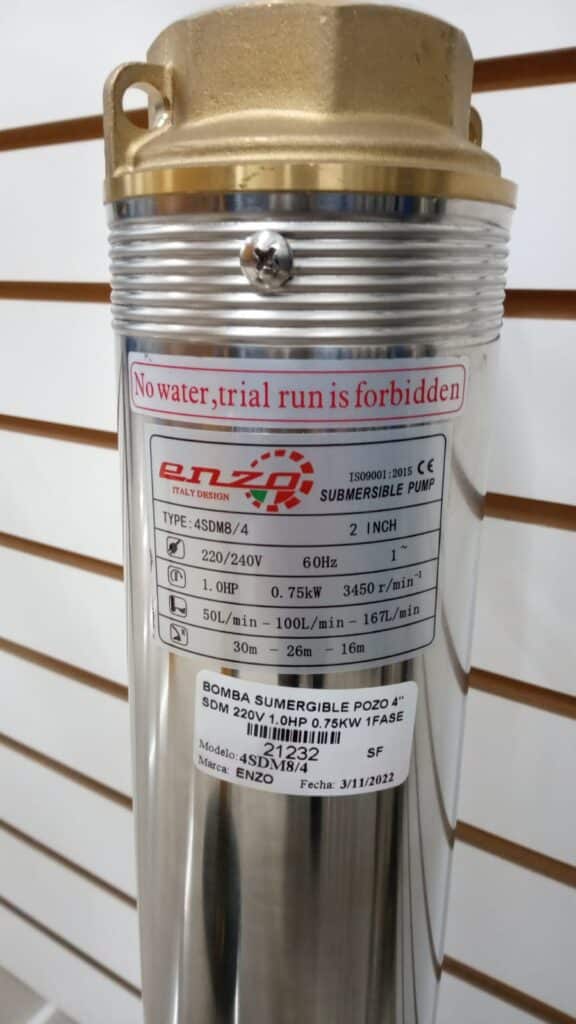 BOMBA DE AGUA SUMERGIBLE PARA POZO 4” SDM 1.0HP 167L/min Alt.30m 1 FASE MONOFASICA – 4SDM8/4