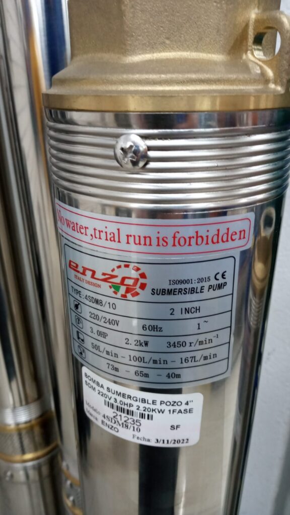 BOMBA DE AGUA SUMERGIBLE PARA POZO 4″ SDM 3.0HP 167 l/min Alt.76m  1FASE  MONOFASICA- 4SDM8/10