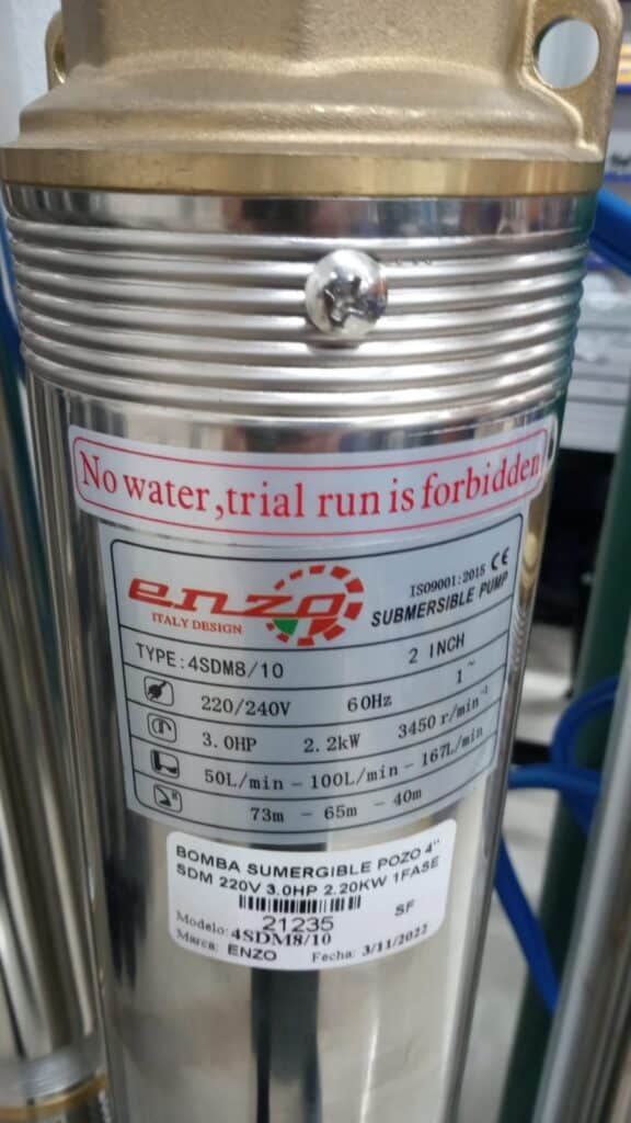 BOMBA DE AGUA SUMERGIBLE PARA POZO 4″ SDM 3.0HP 167 l/min Alt.76m  1FASE  MONOFASICA- 4SDM8/10