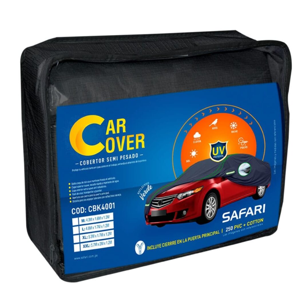 COBERTOR PARA AUTO NEGRO SEMI-PESADO CON REFLECTIVO VERDE, BOLSILLO PARA ESPEJO Y CIERRE TALLA L 4,8m x 1,7m x 1,2m- CBK4001L