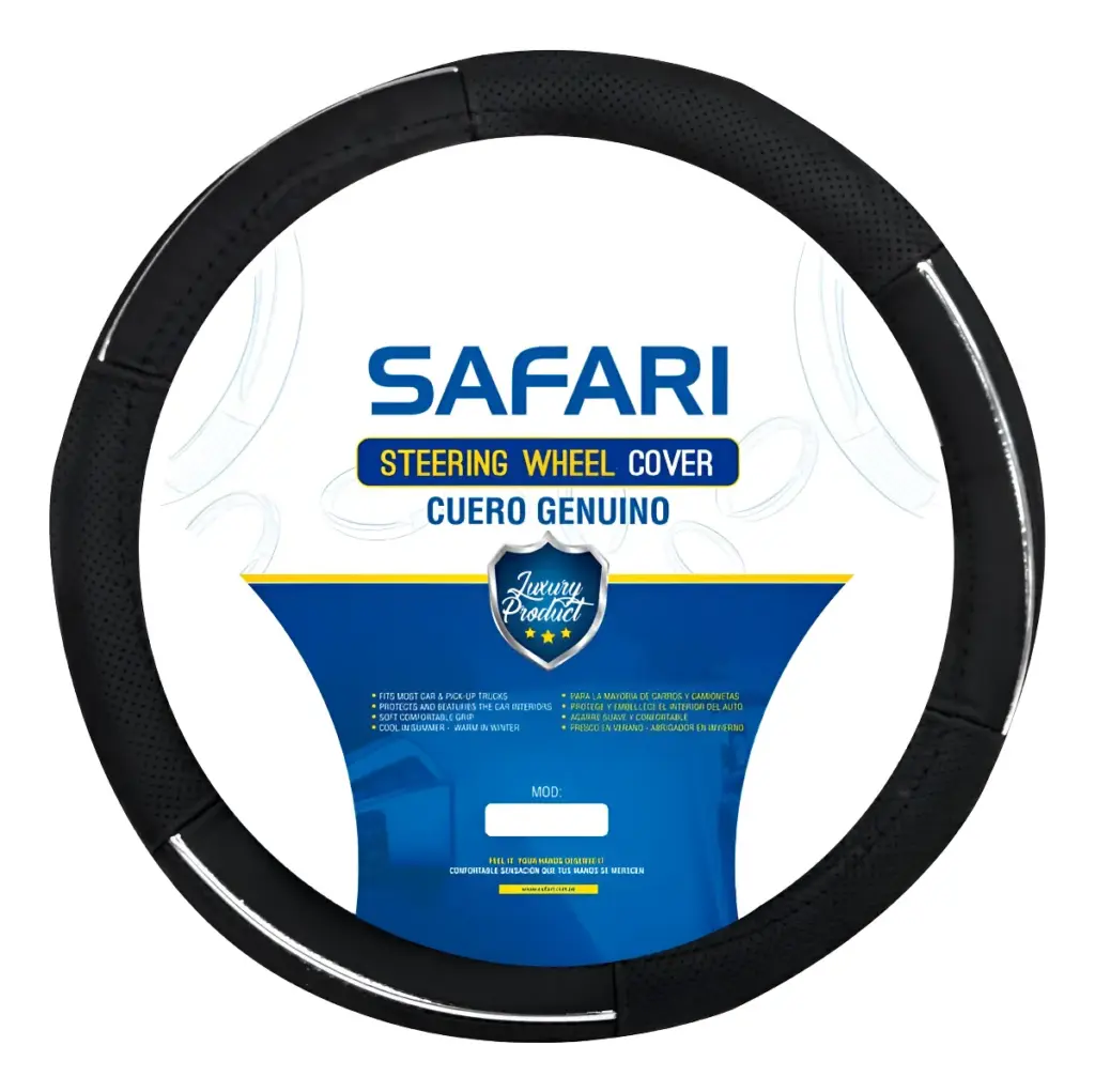 CUBRE VOLANTE CUERO NEGRO LÍNEAS SILVER HILO BLANCO VENTILADO – SFT-18018BK