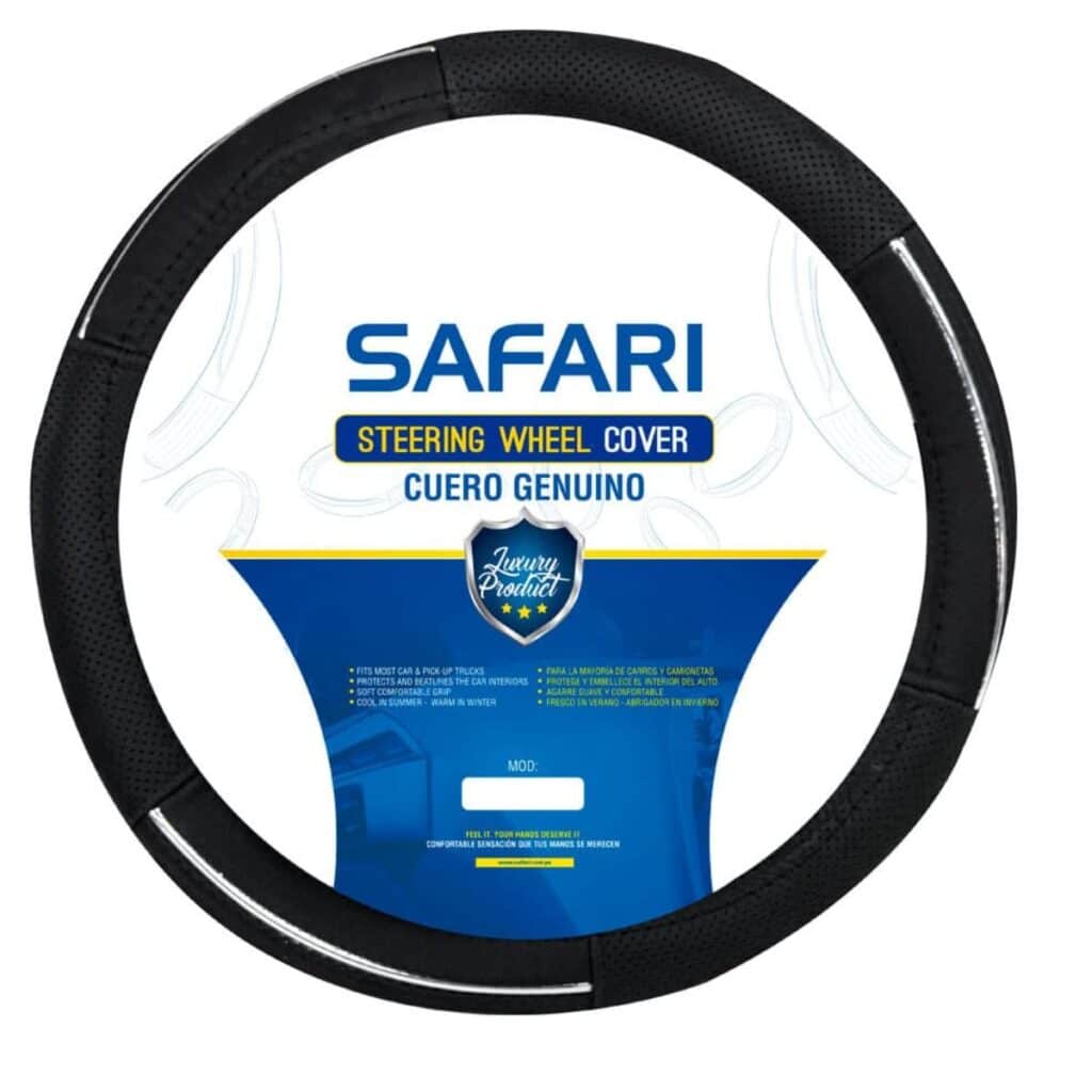 CUBRE VOLANTE CUERO NEGRO LÍNEAS SILVER HILO BLANCO VENTILADO – SFT-18018BK