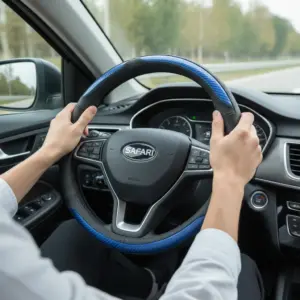 CUBRE VOLANTE CUERO GENUINO NEGRO CARBON 3D AZUL - SFT-N1801BL