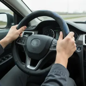 CUBRE VOLANTE CUERO GENUINO NEGRO/ HILO AZUL  - SFT-T1714BL