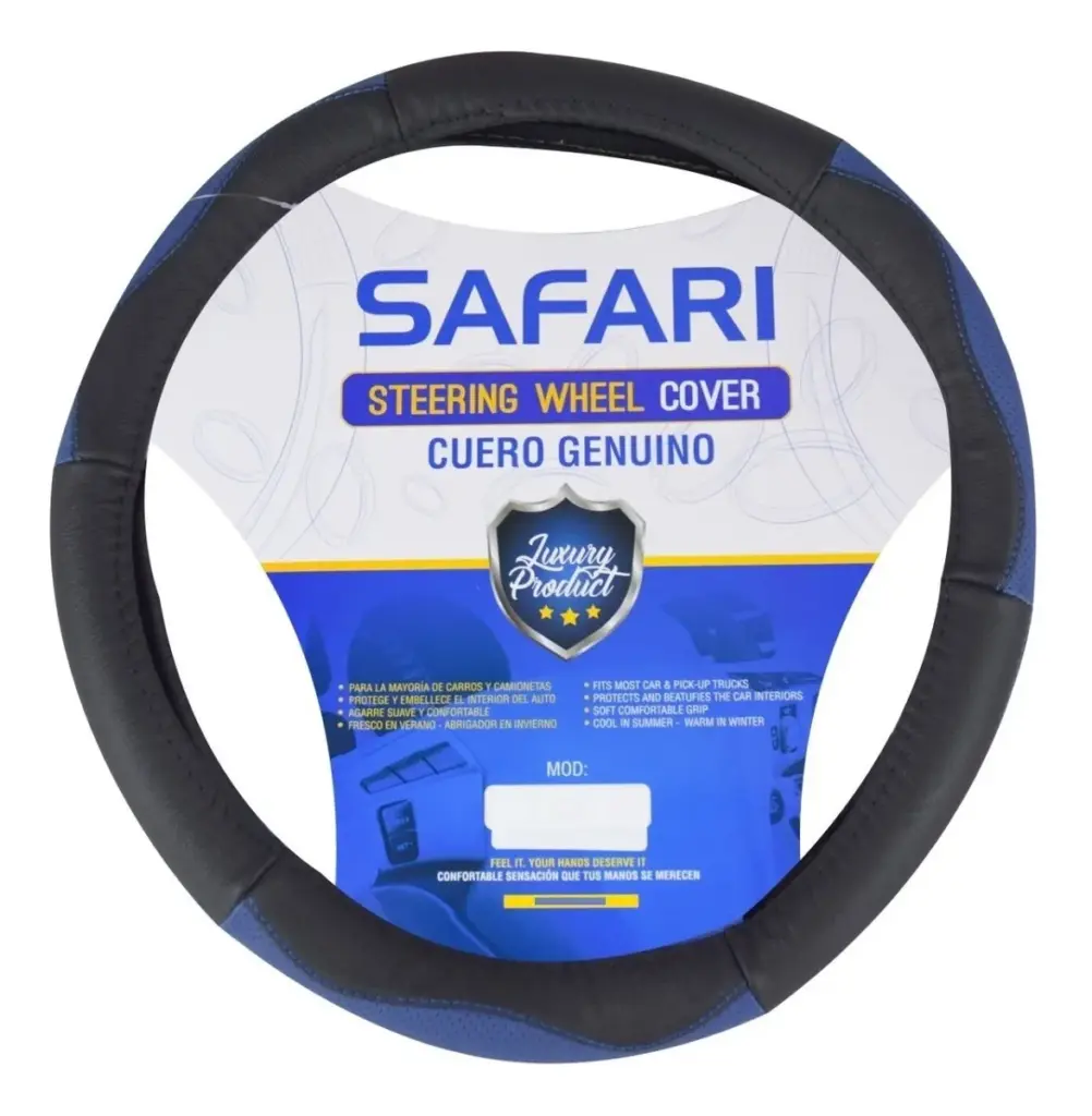 CUBRE VOLANTE CUERO GENUINO NEGRO/ HILO AZUL  – SFT-T1714BL