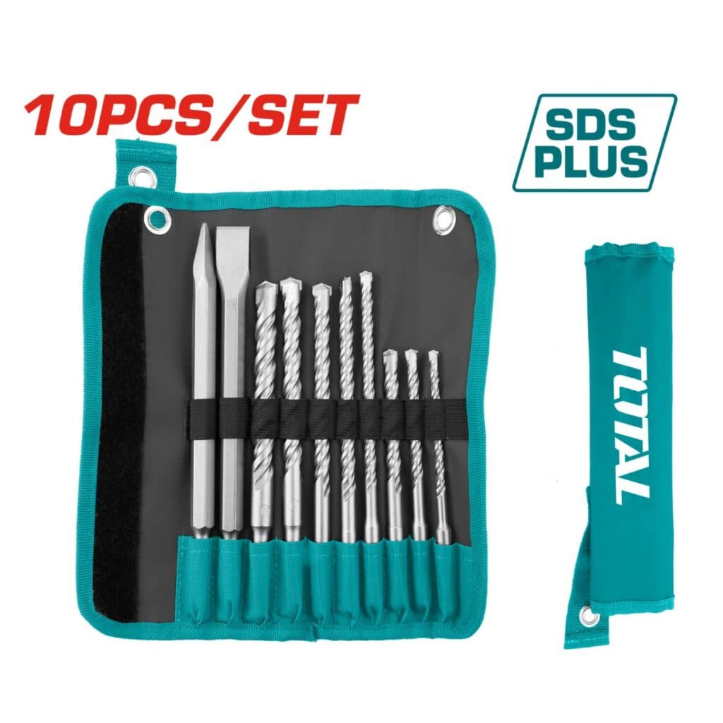 SET DE PUNTAS Y CINCEL SDS PLANA 10 PCS PARA ROTOMARTILLO  TOTAL – TACSD19101