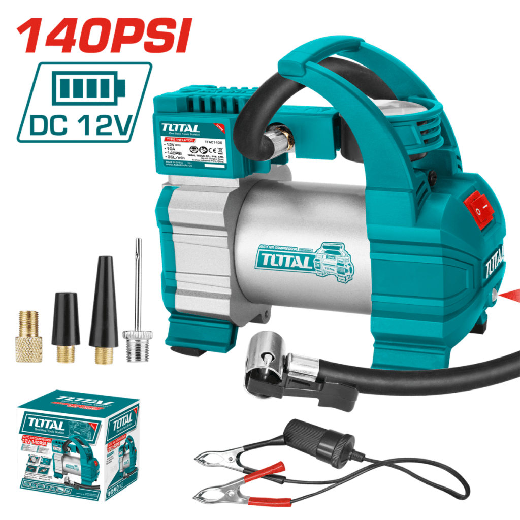 MINICOMPRESOR DE AIRE PARA AUTOMÓVILE  140 PSI 12V 10A  TOTAL – TTAC1406