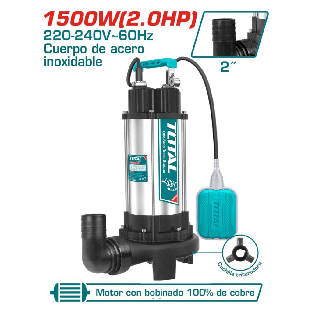BOMBA DE AGUA SUMERGIBLE AGUA RESIDUAL AC INOX 1500W(2.0HP) H:14.5M C:350L/MIN – TWP7150026-5