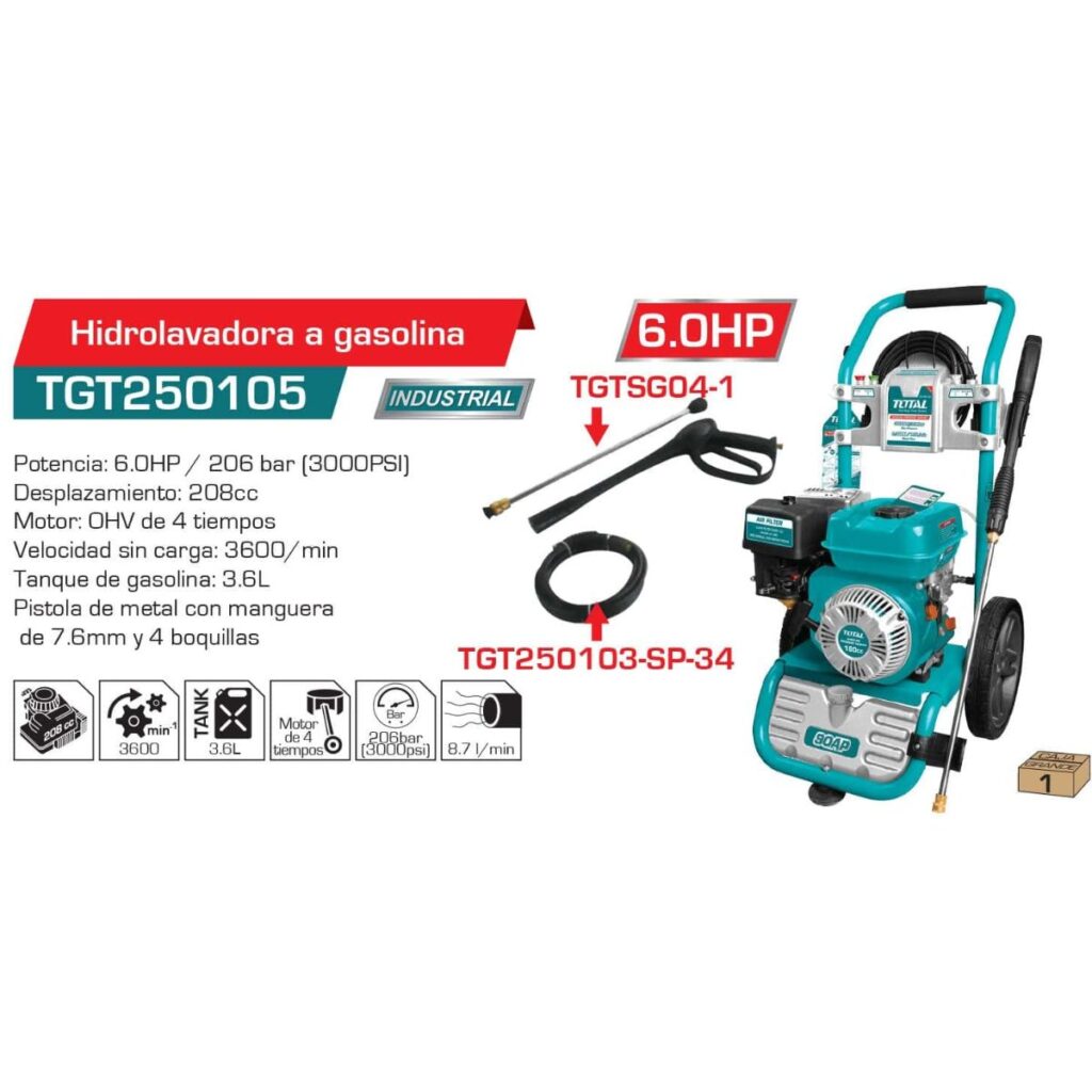 HIDROLAVADORA A PRESION GASOLINERA 6HP 3100PSI 8.7L/MIN OHV 4 TIEMPOS TOTAL – TGT250105