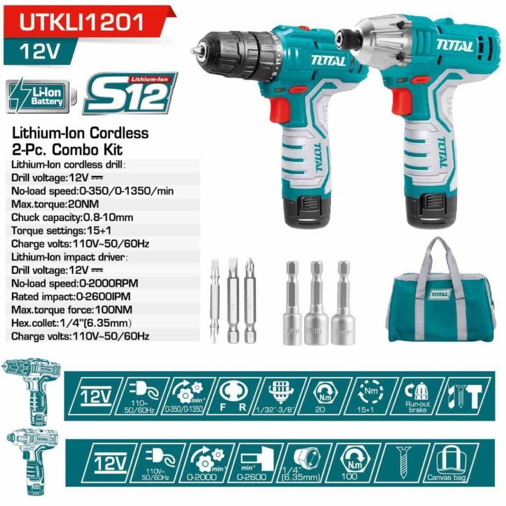 COMBO 2 EN 1 TALADRO + ATORNILLADOR PERCUTOR LI-ION S12   -TKLI1201