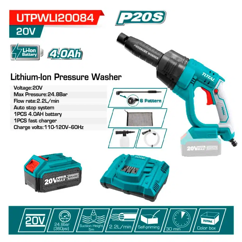 HIDROLAVADORA A PRESIÓN 20V LI-ION P20S 24.8BAR 2.2L/MIN INC BATERIA 4.0AH TOTAL – TPWLI20084