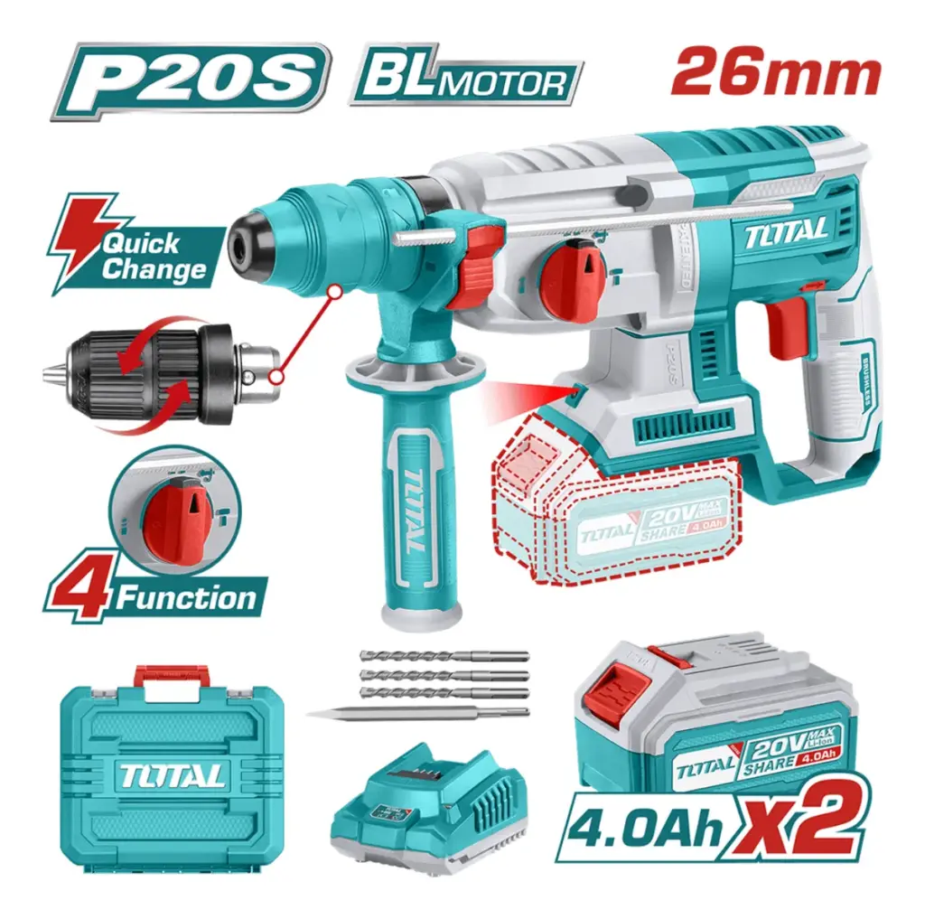 ROTOMARTILLO SDS+ 26MM 20V 2.5J 0-5000BPM BRUSHLESS 2X4.0AH 4FUNC  INDUSTRIAL TOTAL – TRHLI202289