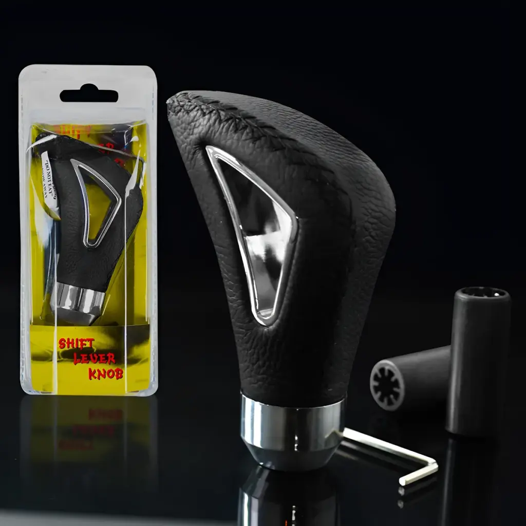 PERILLA DE PALANCA ERGONÓMICO CUERO NEGRO DETALLE CROMADO – F25171