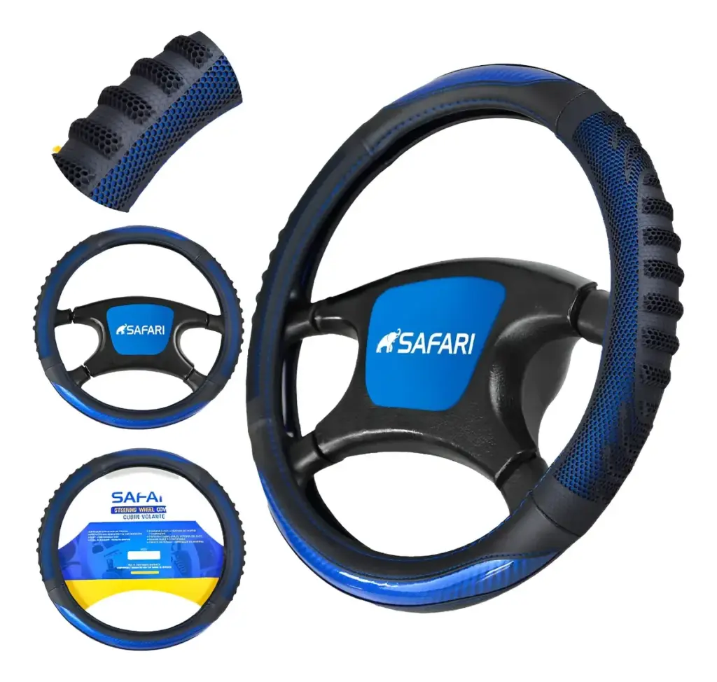 CUBRE VOLANTE PU NEGRO PANAL/CARBON AZUL – JX-233141/2