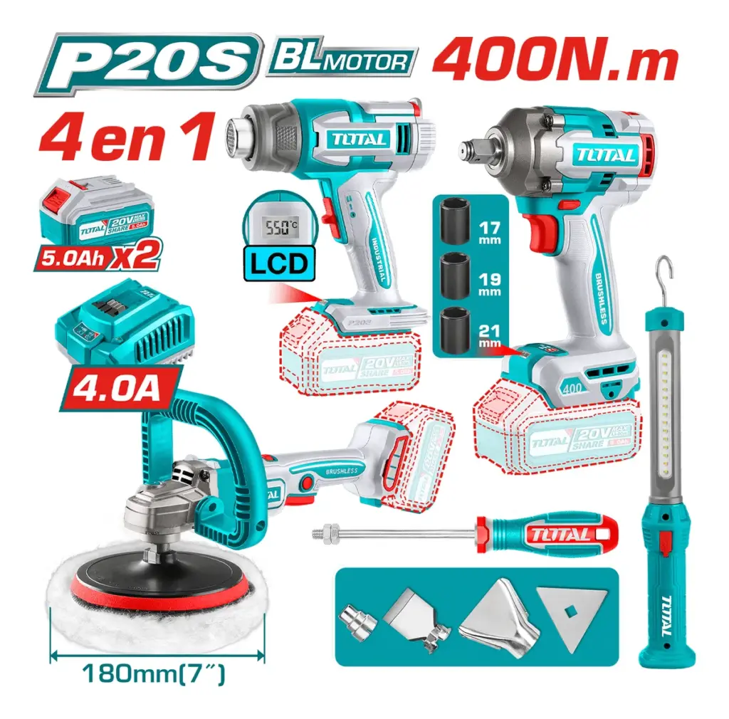 COMBO 4 EN 1 LLAVE DE IMPACTO + PISTOLA DE CALOR + PULIDORA 20V + LINTERNA +ACC 2X5.0AH MALETIN INDUSTRIAL TOTAL- TOSLI241182