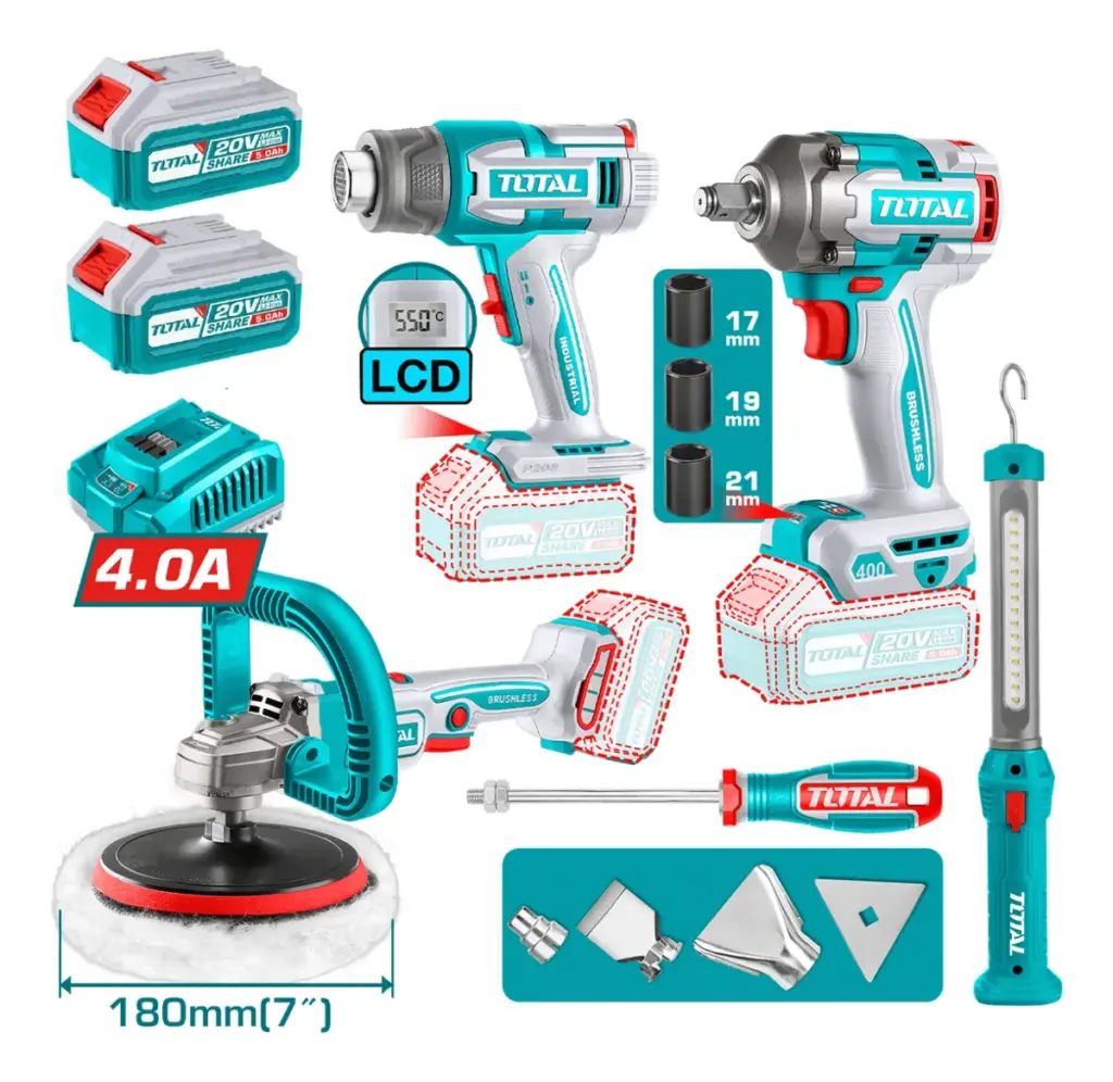 COMBO 4 EN 1 LLAVE DE IMPACTO + PISTOLA DE CALOR + PULIDORA 20V + LINTERNA +ACC 2X5.0AH MALETIN INDUSTRIAL TOTAL- TOSLI241182
