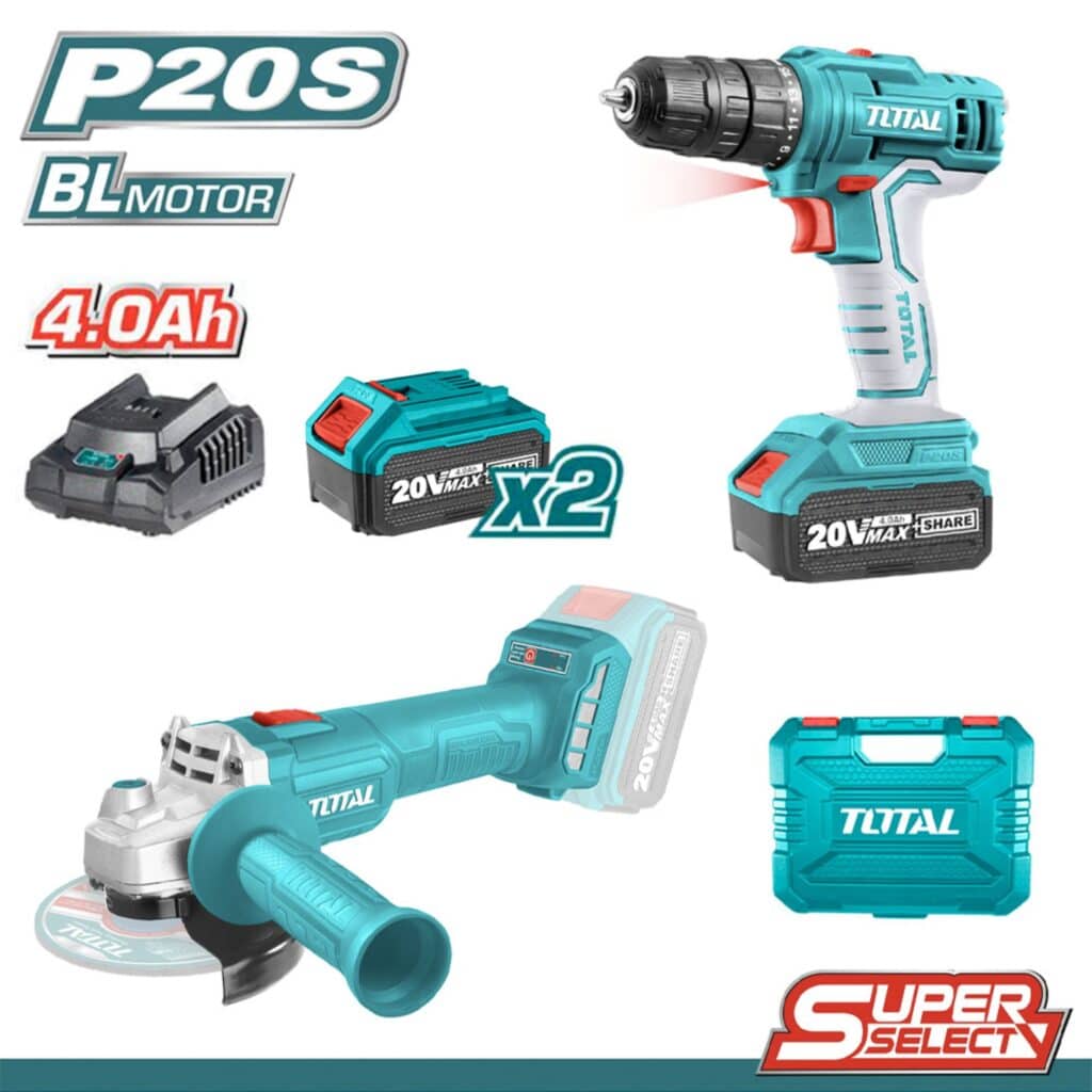 COMBO 2 EN 1 TALADRO 45NM + AMOLADORA 4.5″ 3000-9000RPM P20S INALÁMBRICA 2X4.0AH EN MALETIN INDUSTRIAL – TCKLI20157