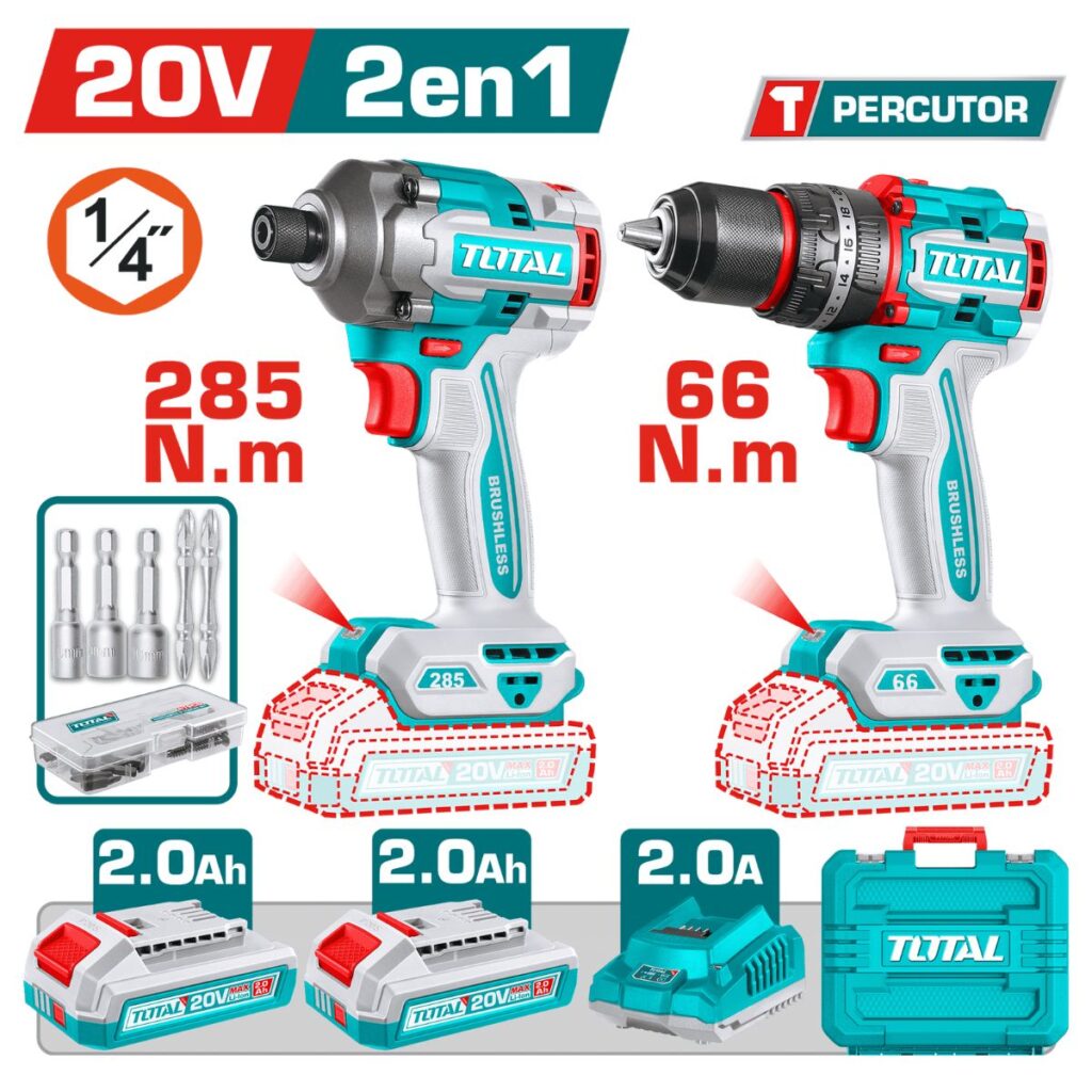 COMBO 2 EN 1 TALADRO PERCUTOR 66 N.M + ATORNILLADOR 285N.M 20V + ACC 2X2.0AH MALETIN INDUSTRIAL –  TCKLI20277
