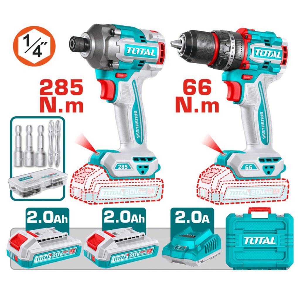 COMBO 2 EN 1 TALADRO PERCUTOR 66 N.M + ATORNILLADOR 285N.M 20V + ACC 2X2.0AH MALETIN INDUSTRIAL –  TCKLI20277