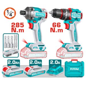 COMBO 2 EN 1 TALADRO PERCUTOR 66 N.M + ATORNILLADOR 285N.M 20V + ACC 2X2.0AH MALETIN INDUSTRIAL -  TCKLI20277