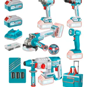 COMBO 5 EN 1 TALADRO + LLAVE DE IMPACTO + AMOLADORA + ROTOMARTILLO + LINTERNA 2X4.0AH INDUSTRIAL TOTAL - TCKLI20592