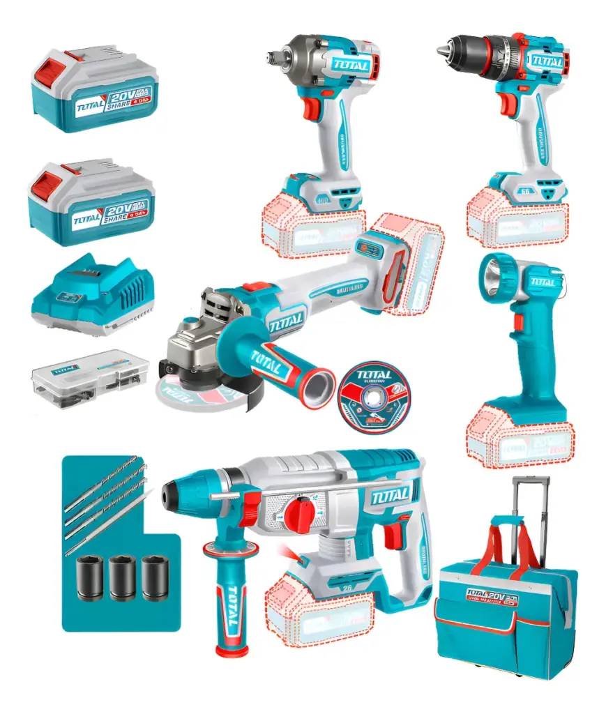 COMBO 5 EN 1 TALADRO + LLAVE DE IMPACTO+ AMOLADORA + ROTOMARTILLO + LINTERNA 2X4.0AH INDUSTRIAL TOTAL – TCKLI20592