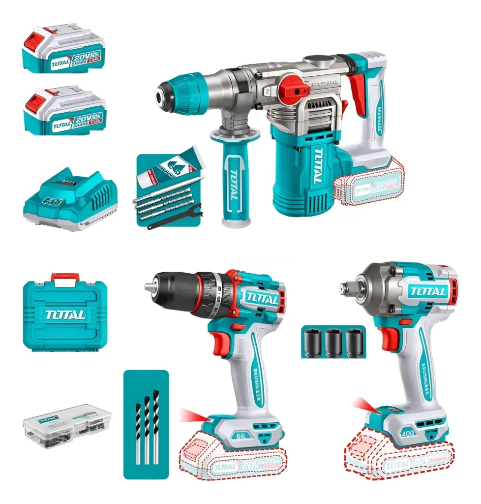 COMBO 3 EN 1 ROTOMARTILLO + TALADRO + LLAVE IMPACTO 20V BRUSHLESS 2X5.0AH MALETIN INDUSTRIAL TOTAL – TCKLI20638