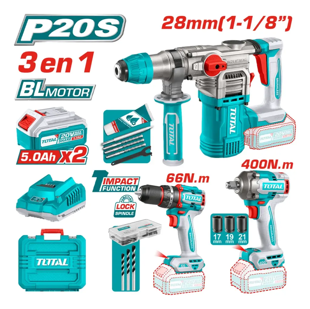 COMBO 3 EN 1 ROTOMARTILLO + TALADRO + LLAVE IMPACTO 20V BRUSHLESS 2X5.0AH MALETIN INDUSTRIAL TOTAL – TCKLI20638