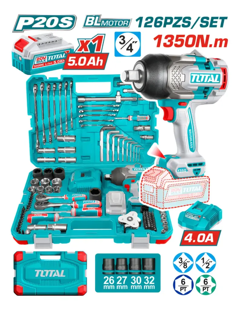 COMBO LLAVE DE IMPACTO 1350NM 20V + HERRAMIETAS 1X5.0AH (126PCS ) INDUSTRIAL TOTA – THKTHP31262
