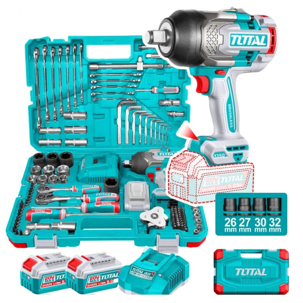 COMBO 2 EN 1 LLAVE DE IMPACTO 1350NM 20V + HERRAMIETAS 1X5.0AH (126PCS ) INDUSTRIAL TOTA – THKTHP31262