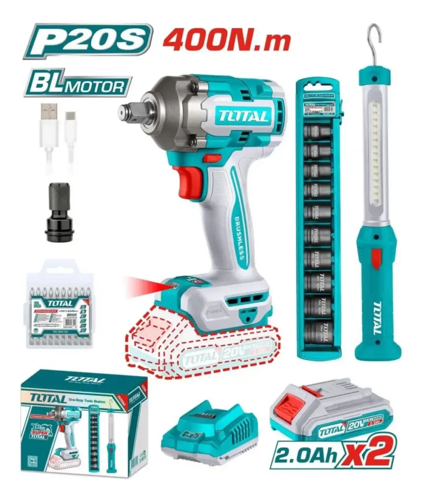 COMBO 3 EN 1 LLAVE DE IMPACTO 400NM + LAMPARA + 2 BATERIAS DE 2.0AH BRUSHLESS LI-ION 20V TOTAL- TOSLI23048