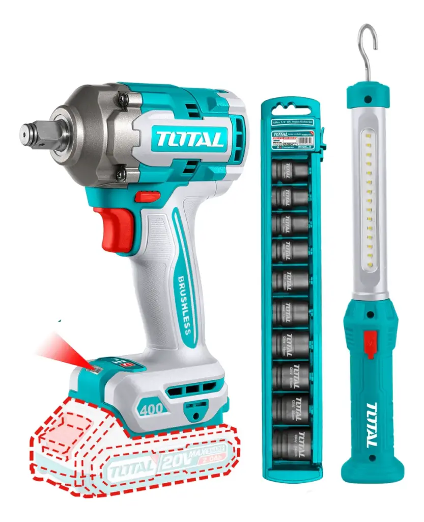 COMBO 3 EN 1 LLAVE DE IMPACTO 400NM + LAMPARA + 2 BATERIAS DE 2.0AH BRUSHLESS LI-ION 20V TOTAL- TOSLI23048
