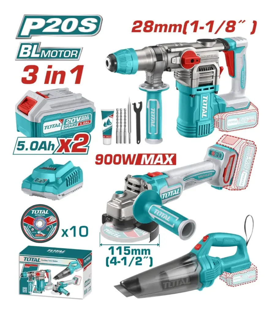 COMBO 3 EN 1 ROTOMARTILLO + AMOLADORA + ASPIRADORA 2X5.0AH + DISCOS TOTAL – TOSLI240785