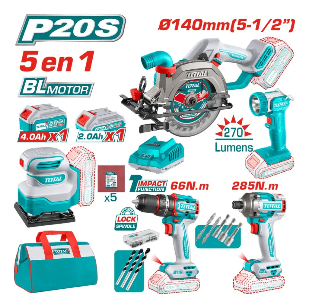 COMBO 5 EN 1 TALADRO + ATORNILLADOR IMPACTO + SIERRA + LINTERNA + PULIDORA 20V 2.0AH + 4.0AH 5 EN 1 INDUSTRIAL TOTAL- TOSLI241081