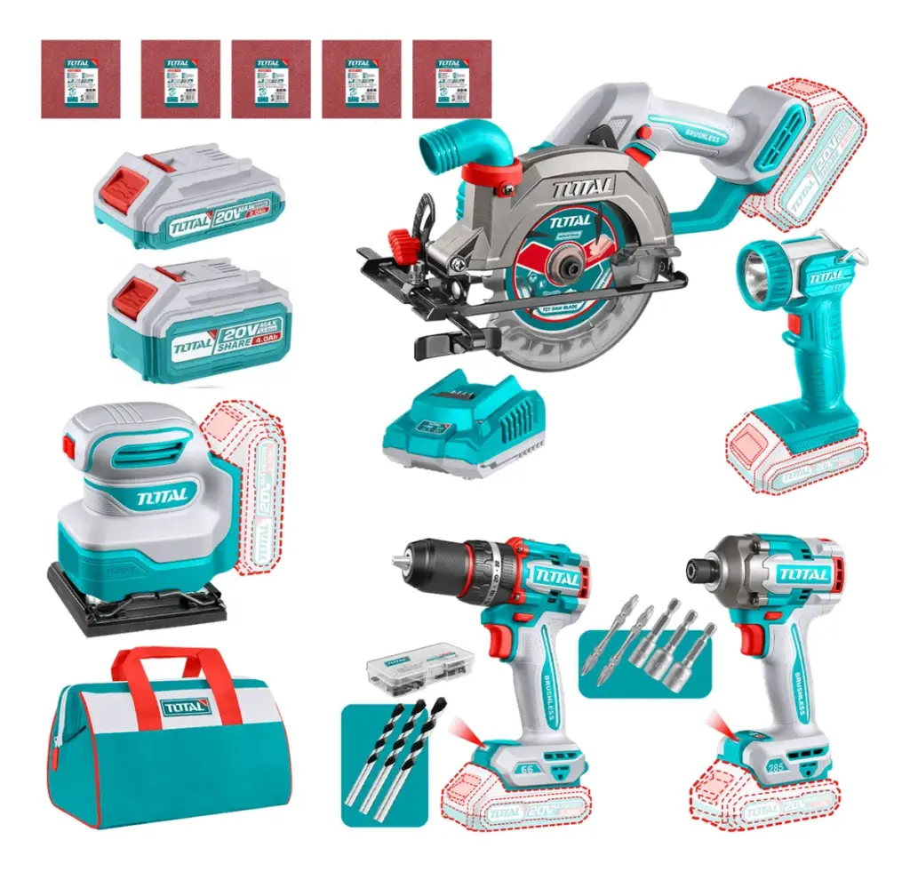 COMBO 5 EN 1 TALADRO + ATORNILLADOR IMPACTO + SIERRA + LINTERNA + PULIDORA 20V 2.0AH + 4.0AH 5 EN 1 INDUSTRIAL TOTAL- TOSLI241081