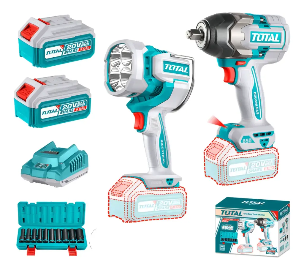 COMBO 2 EN 1 LLAVE DE IMPACTO 850N.M + LINTERNA 20V +ACC 2X5.0AH INDUSTRIAL TOTAL- TOSLI241181