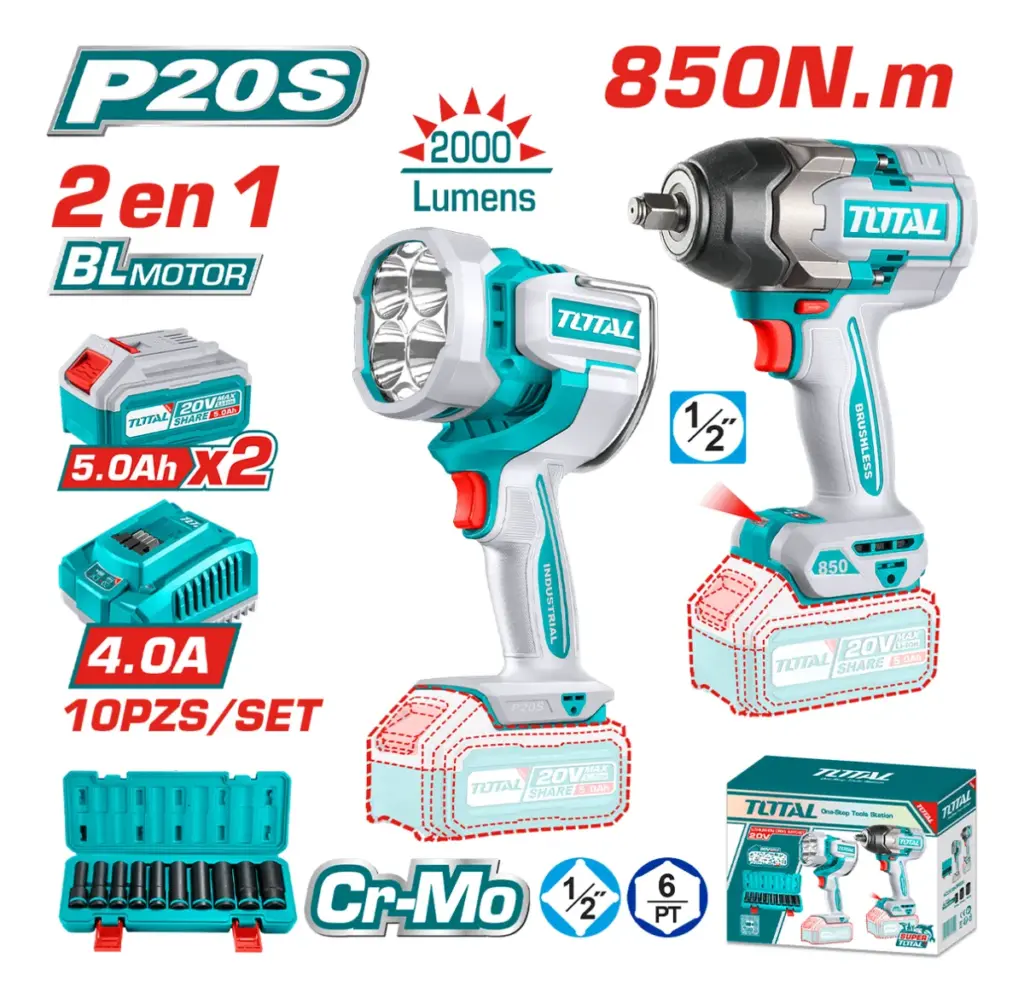 COMBO 2 EN 1 LLAVE DE IMPACTO 850N.M + LINTERNA 20V +ACC 2X5.0AH INDUSTRIAL TOTAL- TOSLI241181