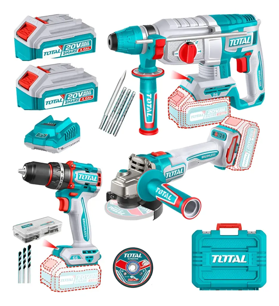 COMBO 3 EN 1 TALADRO 66NM + AMOLADORA 1000W + ROTOMARTILLO 26MM 2X4.0AH + ACC INDUSTRIAL TOTAL – TOSLI241198