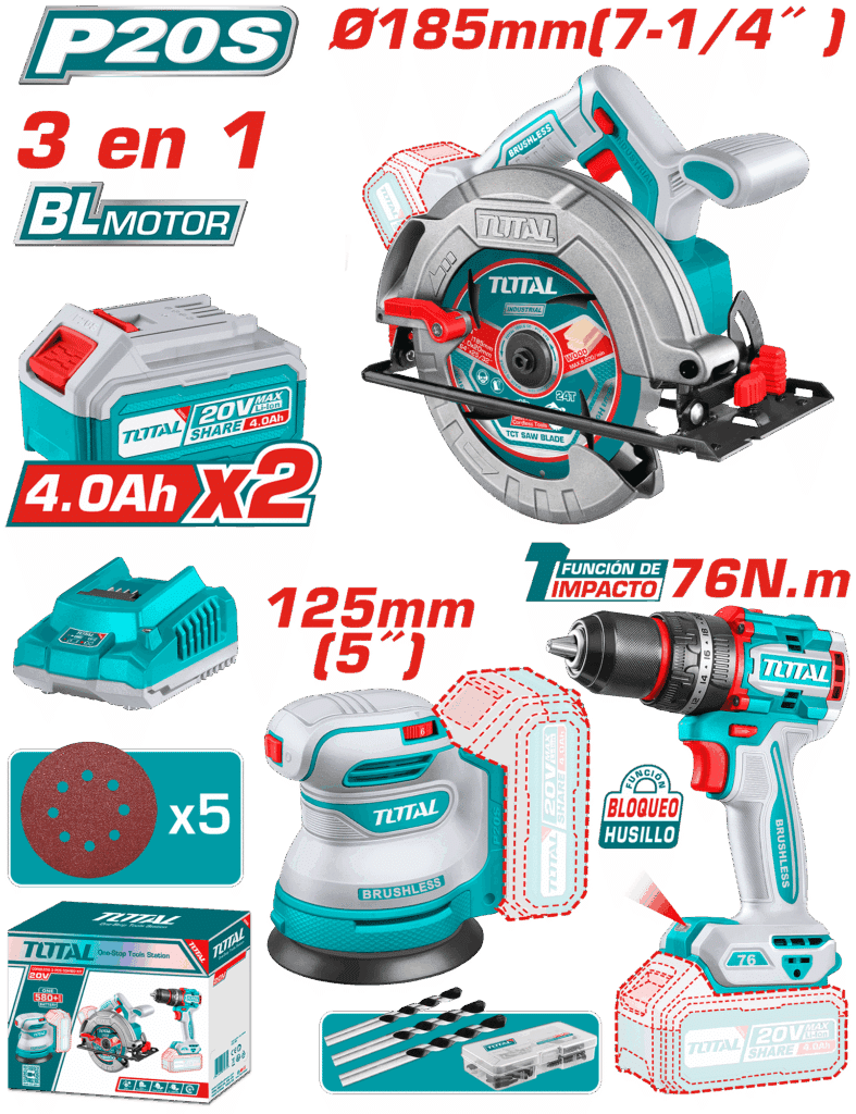 COMBO 3 EN 1. TALADRO PERCUTOR  + SIERRA CIRCULAR + LIJADORA 2X4.0 +ACESORIOS TOTAL – TOSLI250181