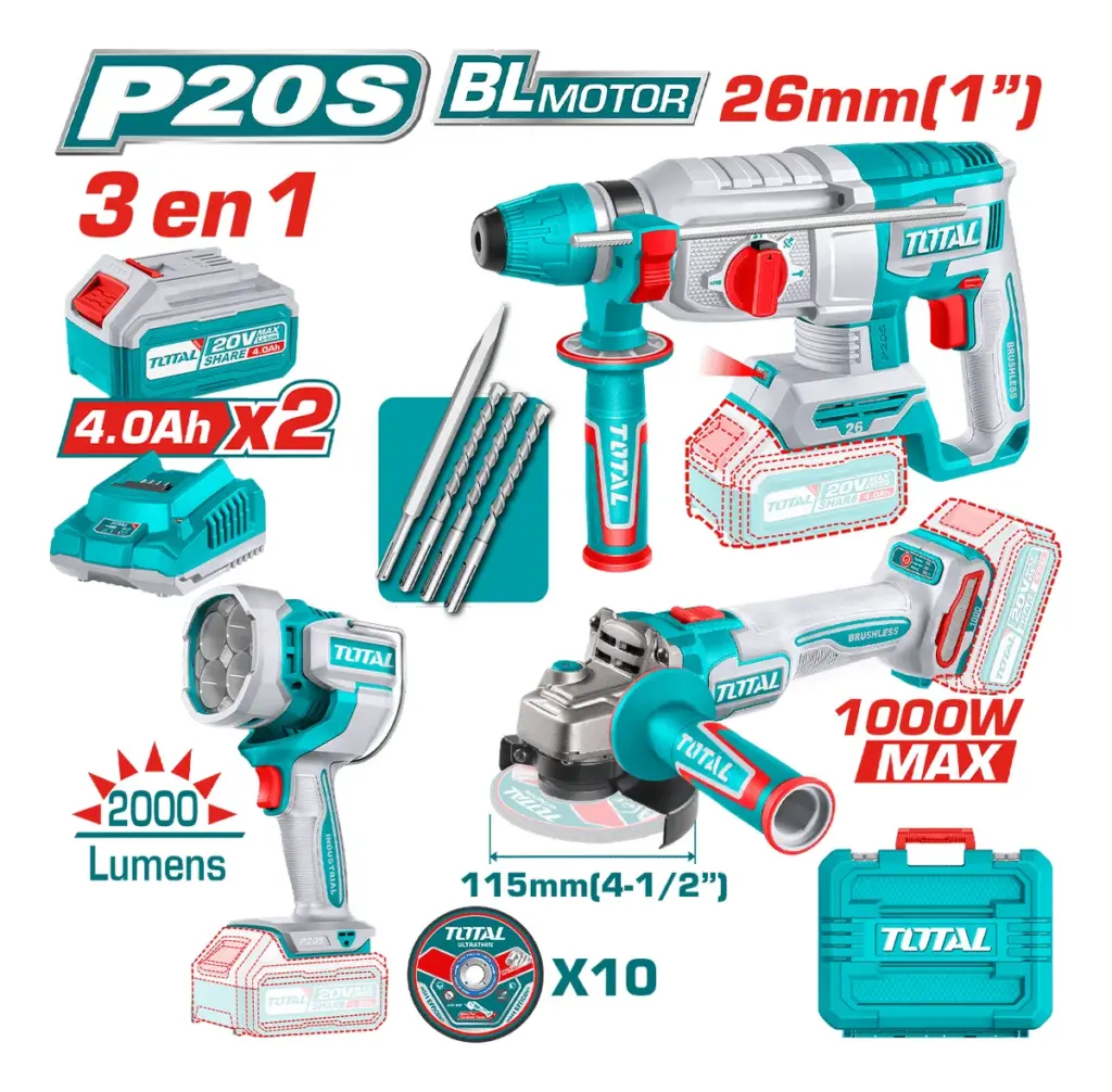 COMBO 3 EN 1 ROTOMARTILLO 26MM + AMOLADORA 1000W + LINTERNA 2X4.0AH – TOSLI250183