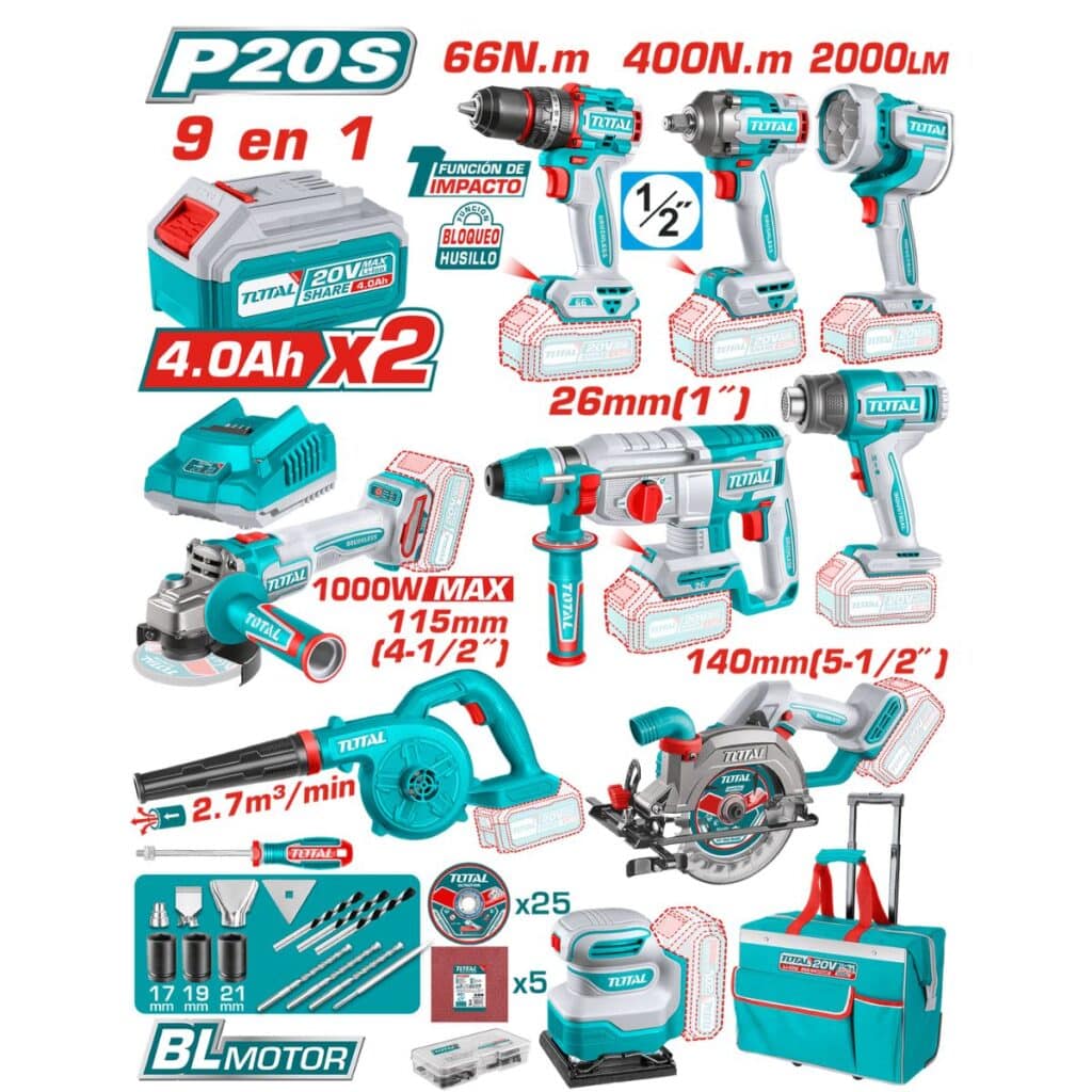 COMBO 9 EN 1 TALADRO + LLAVE DE IMPACTO + ROTOMARTILLO + AMOLADORA + LINTERNA + LIJADORA + PISTOLA DE CALOR + SOPLADORA + SIERRA  BATERIA  CARGADOR MALETIN Y ACCEDSORIOS TOTAL – TOSLI250381
