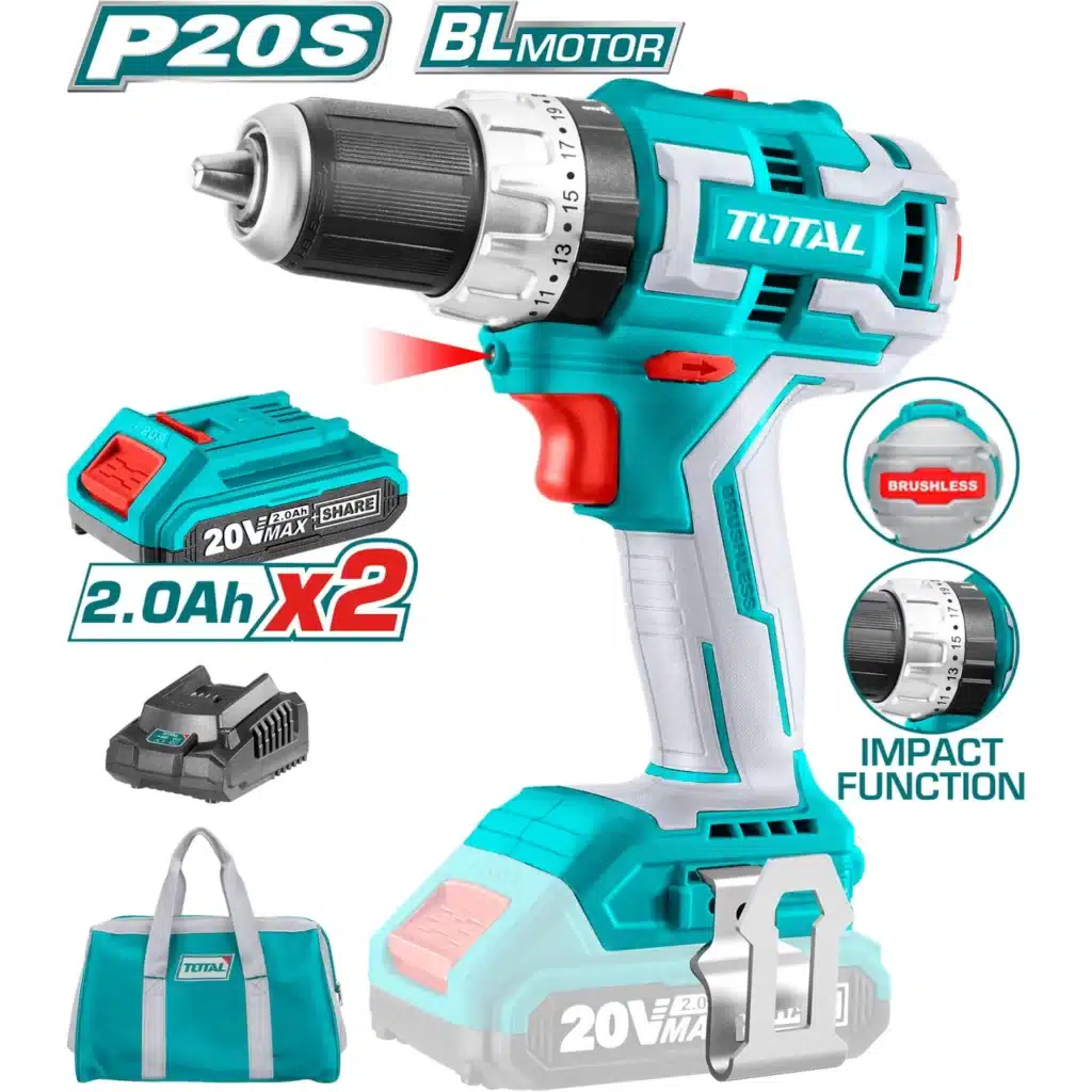 TALADRO PERCUTOR 70NM BRUSHLESS LI-ION 20V 13MM 2X2.0AH 22500BPM  MALETA PLA TOTAL- TIDLI20605