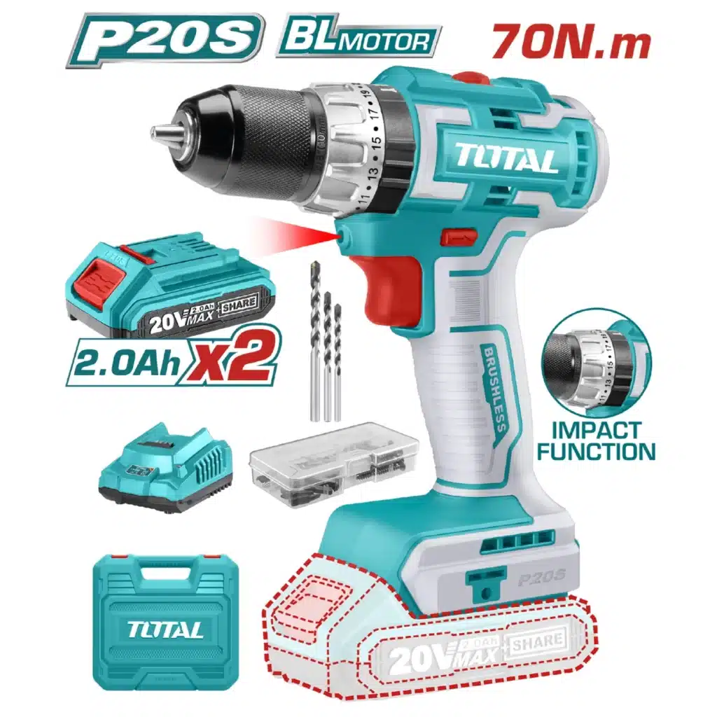 TALADRO PERCUTOR 70NM BRUSHLESS LI-ION 20V 13MM 2X2.0AH 22500BPM  MALETA PLA TOTAL- TIDLI20605