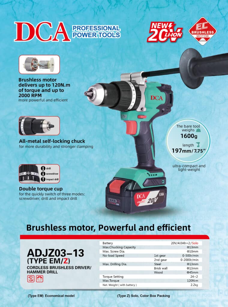 TALADRO PERCUTOR 120NM BRUSHLESS 20V 13MM 24+2 B:4.0AHX2 MALETIN DCA- ADJZ03-13EM