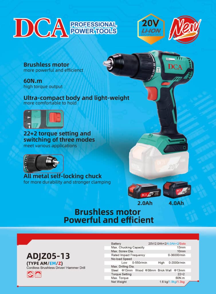 TALADRO PERCUTOR 60NM BRUSHLESS 20V 13MM 22+2 B:2.0AHX2 MALETIN DCA- ADJZ05-13(TYPE AM)