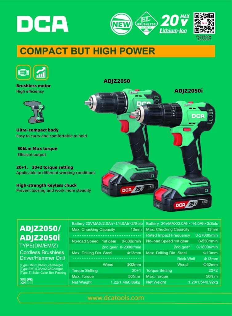 TALADRO PERCUTOR 50NM BRUSHLESS 20V13MM 22+ B. 2.0AH MALETIN DCA  – ADJZ2050iDM